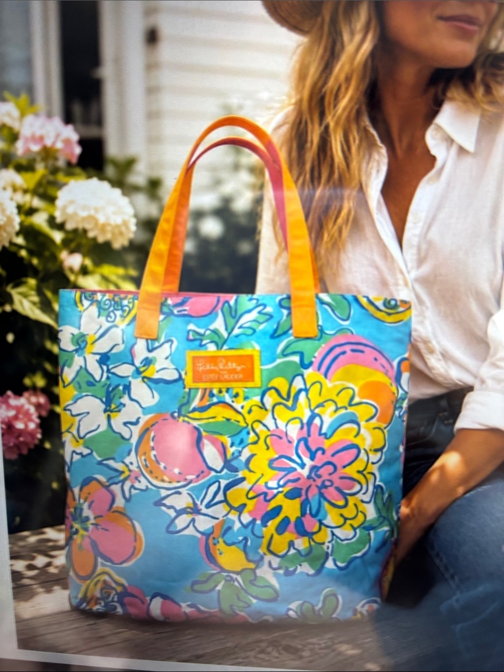 Lilly Pulitzer x Ester Lauder Bright Floral Print Tote Bag Blue/Pink/Orange